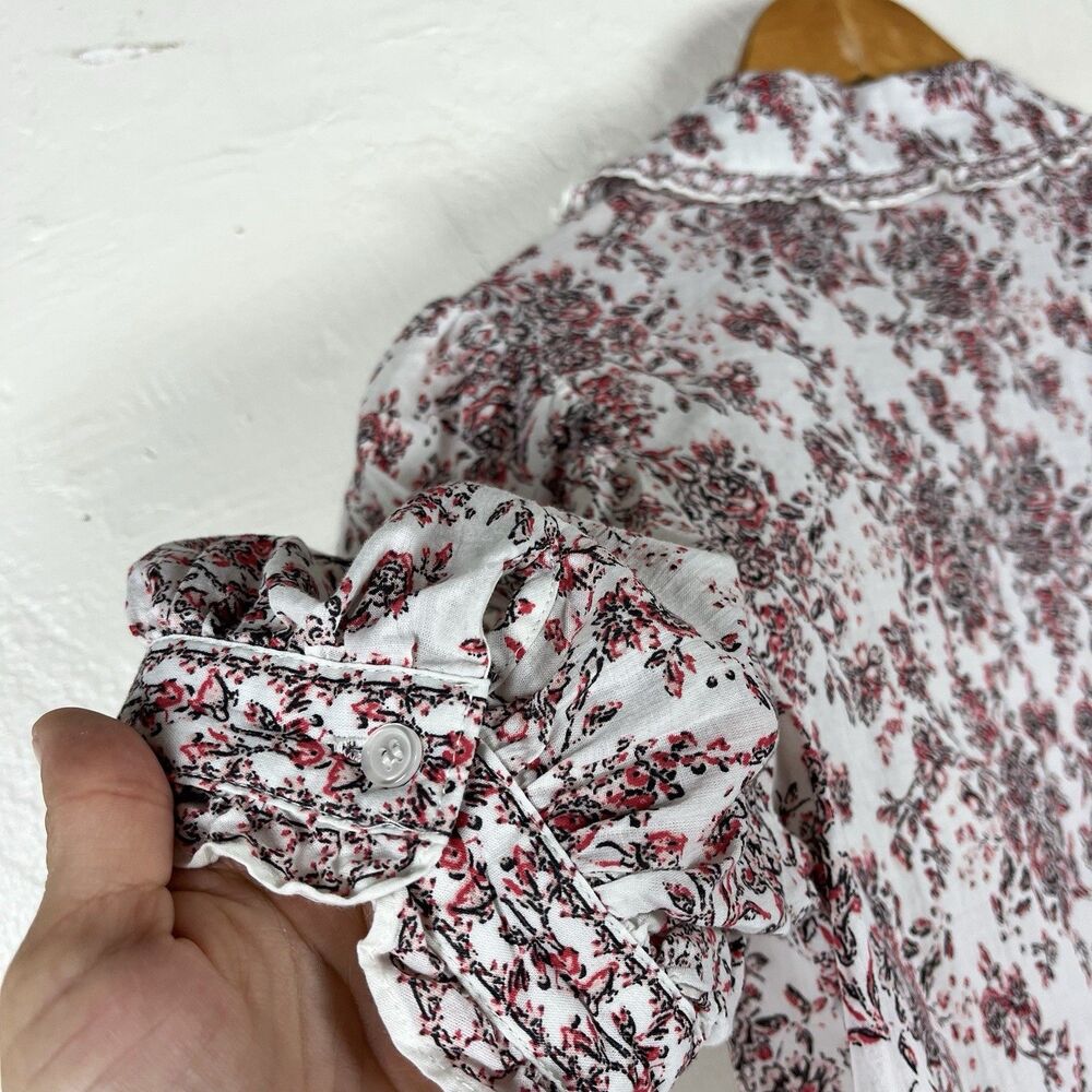 Max Studio Floral Cotton Blouse XS Puff Sleeve Ruffle Collar Cottagecore - Picture 12 of 14
